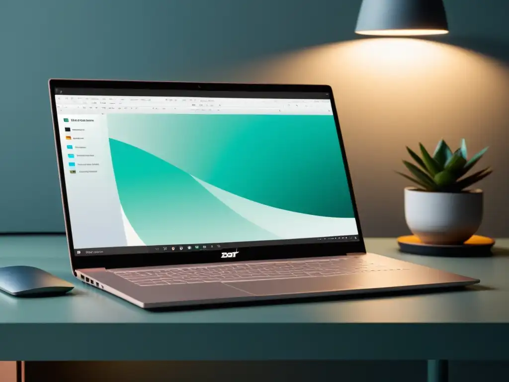 Una elegante laptop muestra herramientas de edición en sistemas alternativos, con un diseño minimalista y una paleta de colores suaves