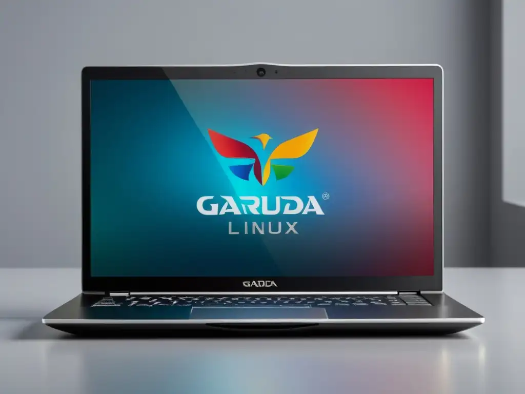 Una elegante laptop muestra la instalación de Garuda Linux con colores vibrantes y paso a paso claro