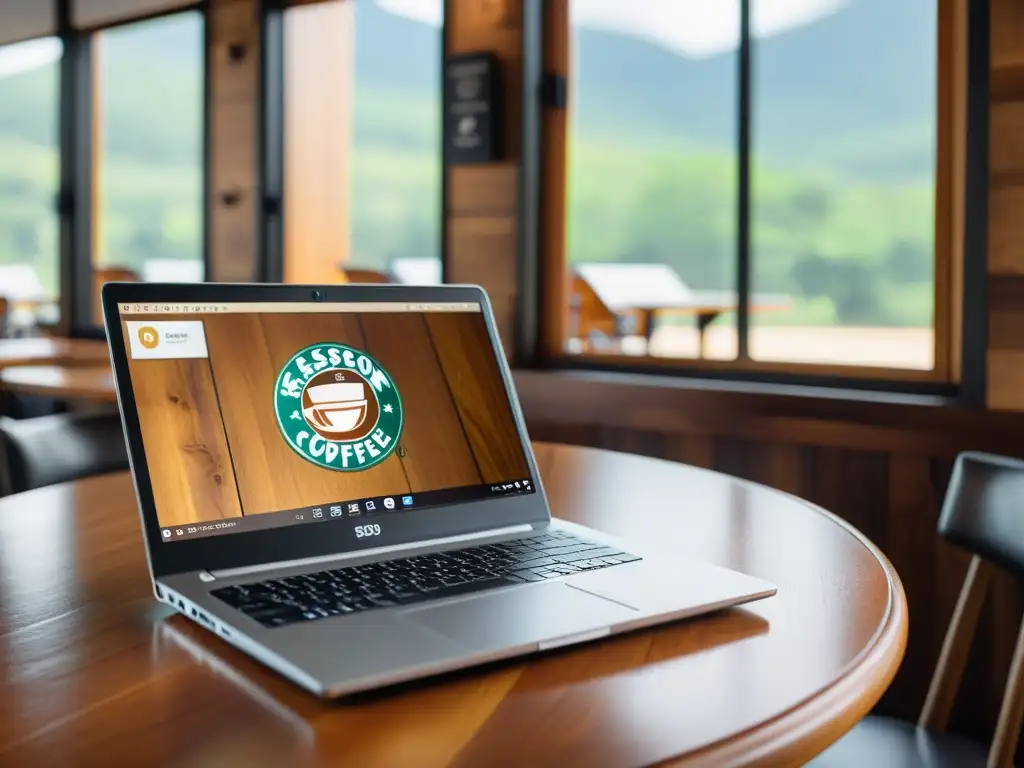 Un elegante laptop plateado con el logo de BSD en la pantalla, en una acogedora cafetería con accesorios de viaje