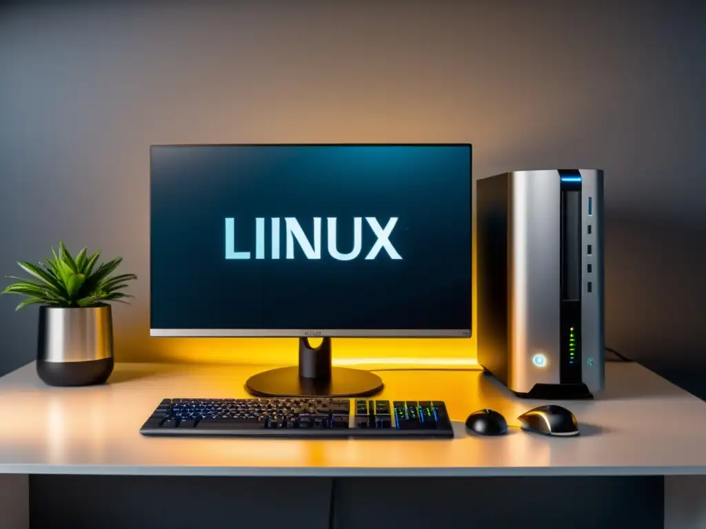 Una fotografía de alta resolución de un elegante y minimalista escritorio de computadora, con hardware especializado para sistema Linux