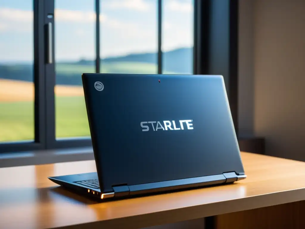 Un elegante y minimalista portátil Star Labs StarLite en un escritorio moderno, con luz natural y compatible con Linux BSD