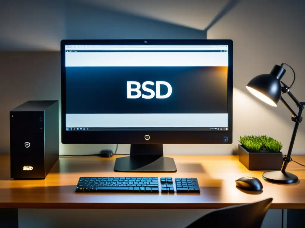 Un elegante y minimalista setup de computadora con BSD funcionando sin problemas, resaltando la compatibilidad de hardware en BSD