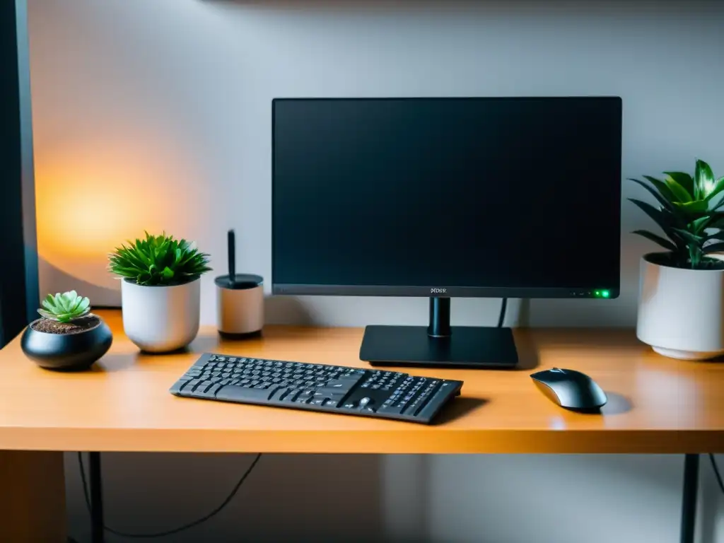 Un elegante MiniPC negro reposa en un escritorio minimalista, junto a un teclado, ratón y una planta