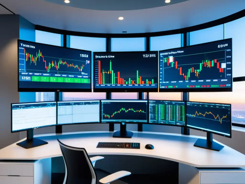 Un elegante y moderno escritorio de trading con múltiples monitores mostrando gráficos de análisis técnico