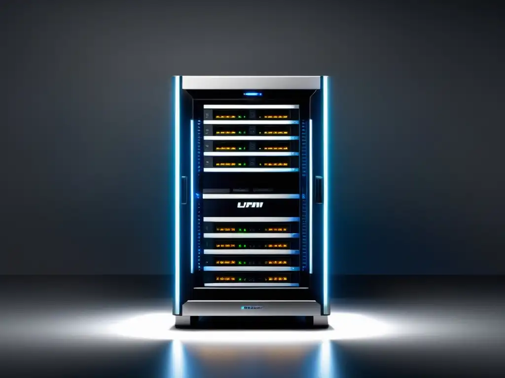 Un elegante y moderno rack de servidores ARM, iluminado de forma suave, muestra la eficiencia de los procesadores ARM en entornos empresariales