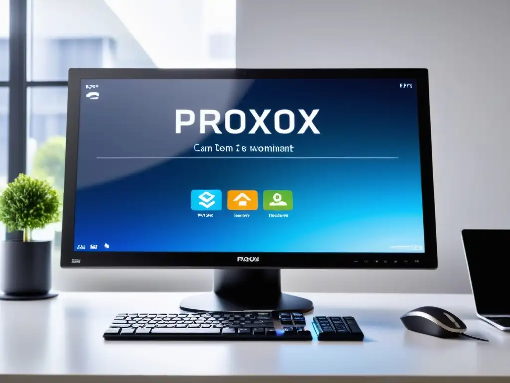 Un elegante monitor muestra la interfaz minimalista de Proxmox