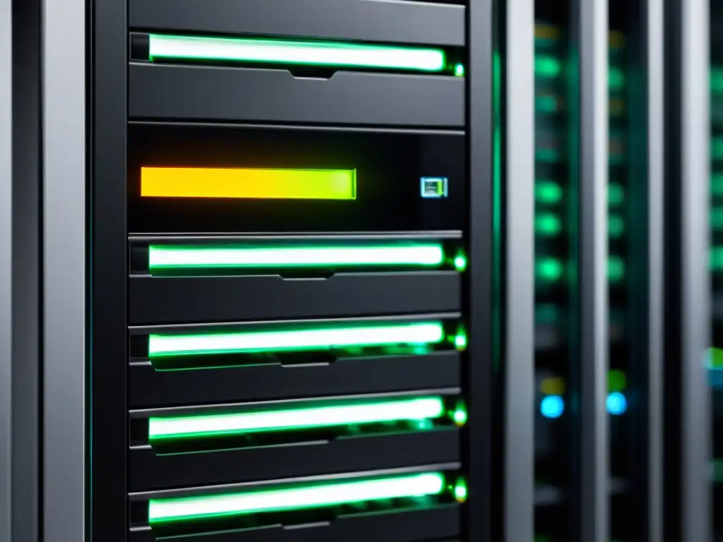 Un elegante y ordenado rack de servidores con luces LED, resaltando las ventajas de servidores dedicados Linux