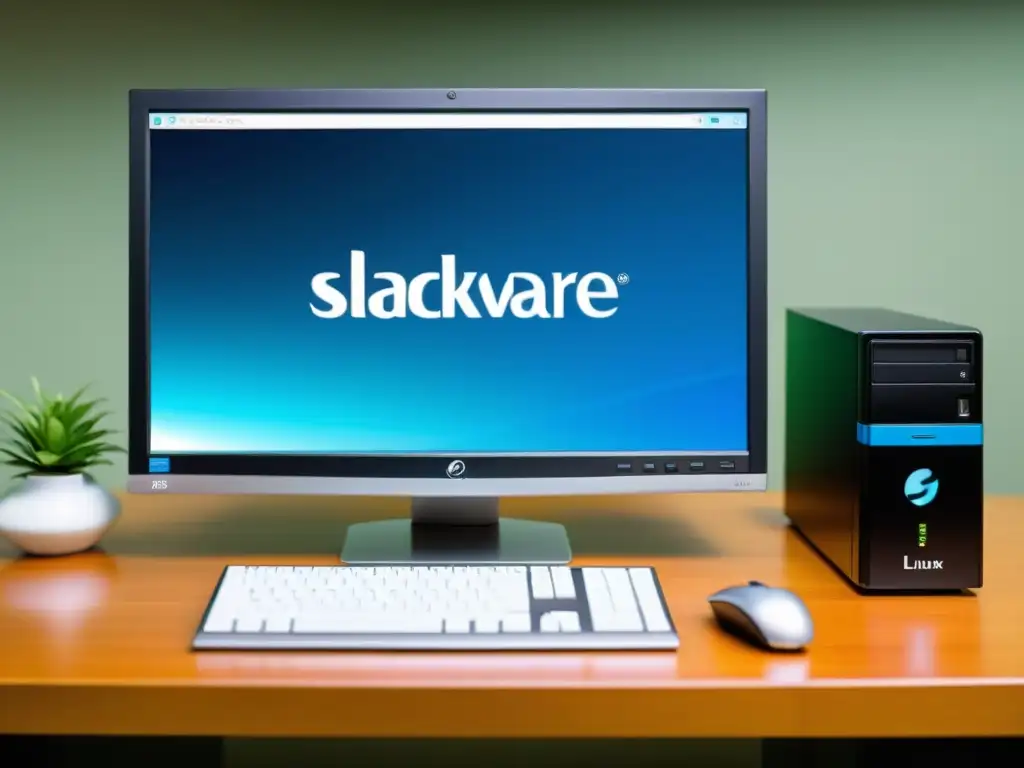 Un elegante ordenador ejecutando Slackware Linux, mostrando su potencial en la era moderna, en un entorno limpio y organizado