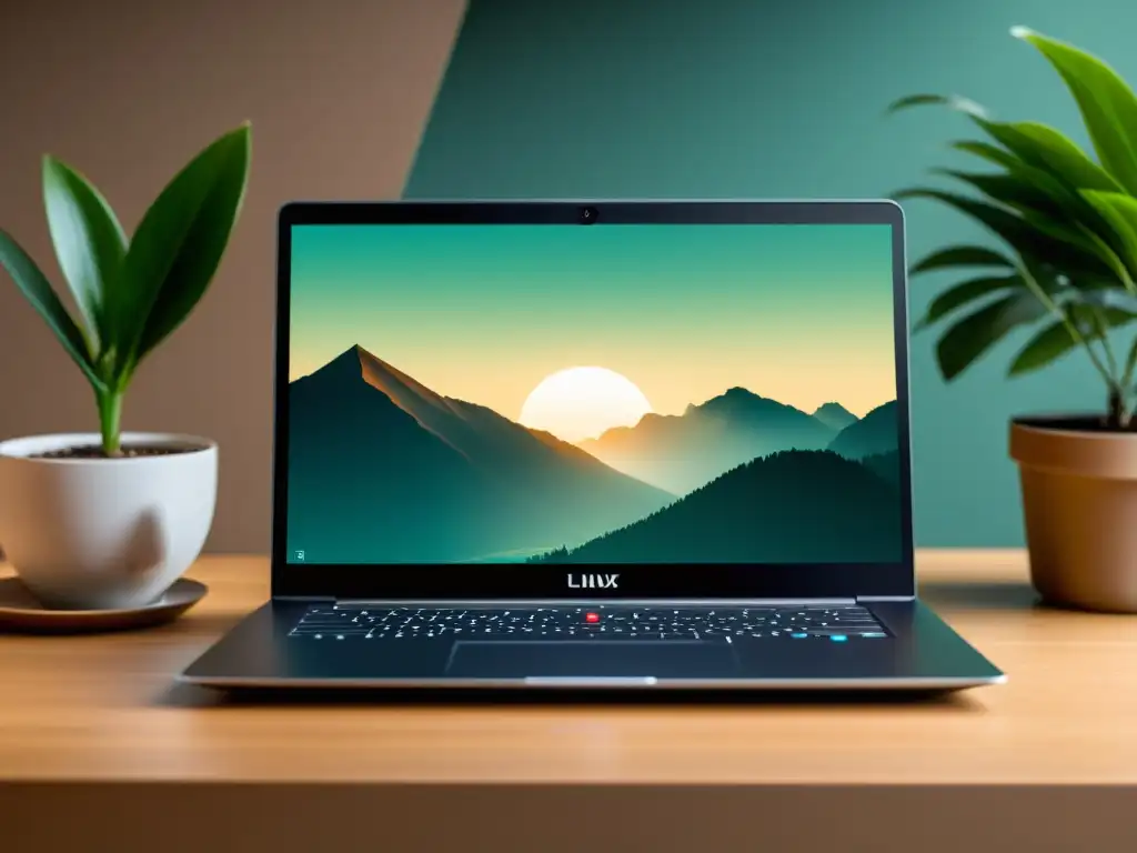 Un elegante portátil con MX Linux en un entorno minimalista, con luz suave y ambiente acogedor