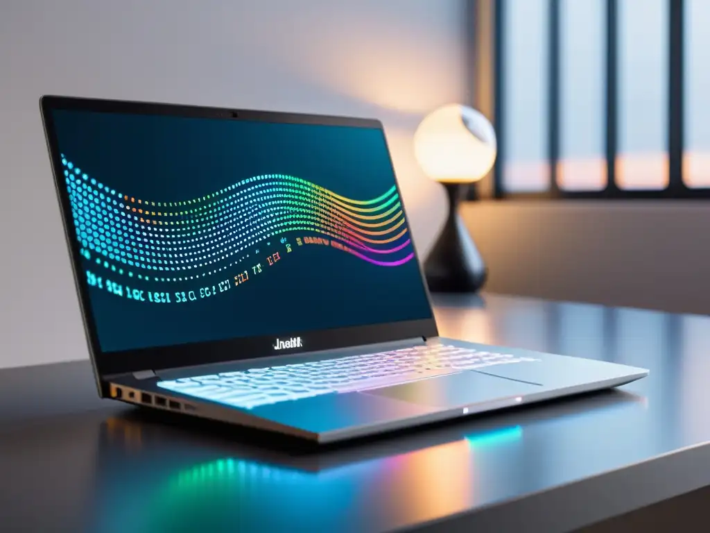 Un elegante portátil en un escritorio minimalista muestra un código complejo en una ventana de terminal, creando una atmósfera serena y enfocada
