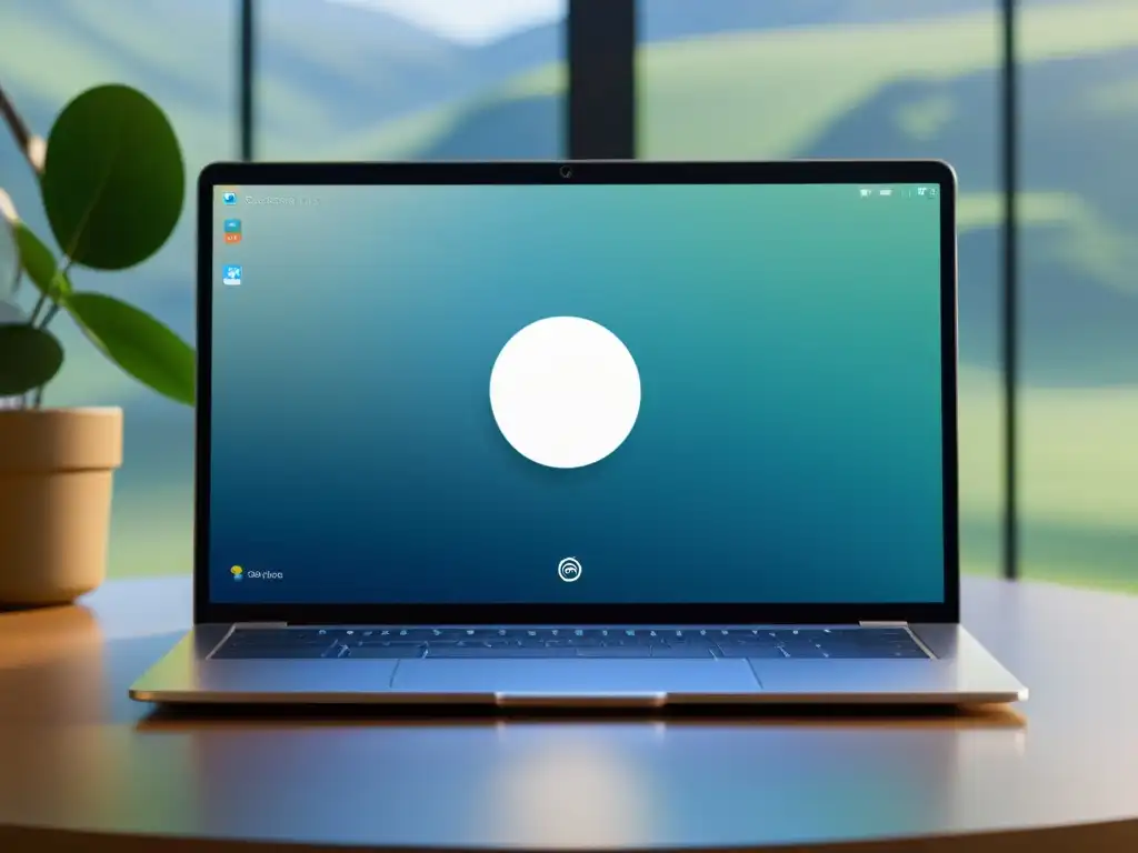 Un elegante portátil muestra la interfaz de Elementary OS en un entorno moderno y luminoso