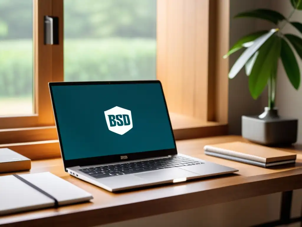 Un elegante portátil con el logo BSD en la pantalla, sobre un escritorio de madera con luz natural