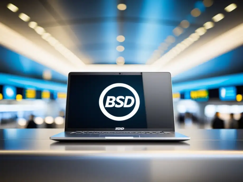 Un elegante portátil con el logo BSD en una concurrida terminal de aeropuerto