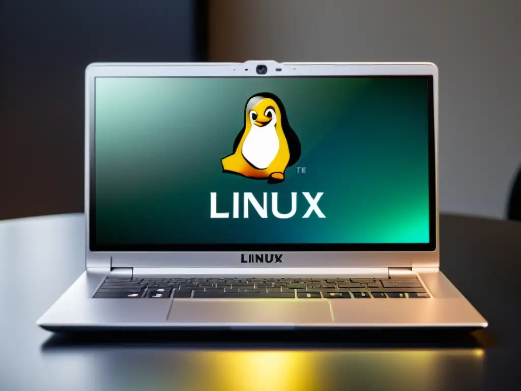 Un elegante portátil con el logo de Linux Lite en pantalla, en un ambiente minimalista