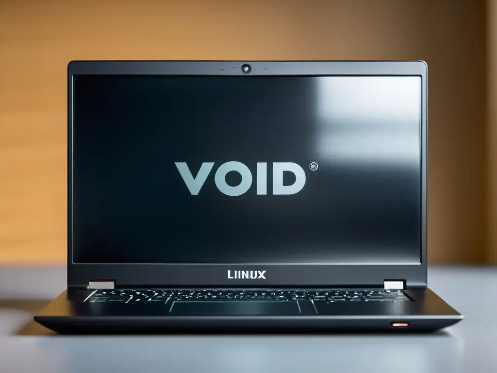 Un elegante portátil negro ejecutando Void Linux, destaca el logo distintivo en la pantalla