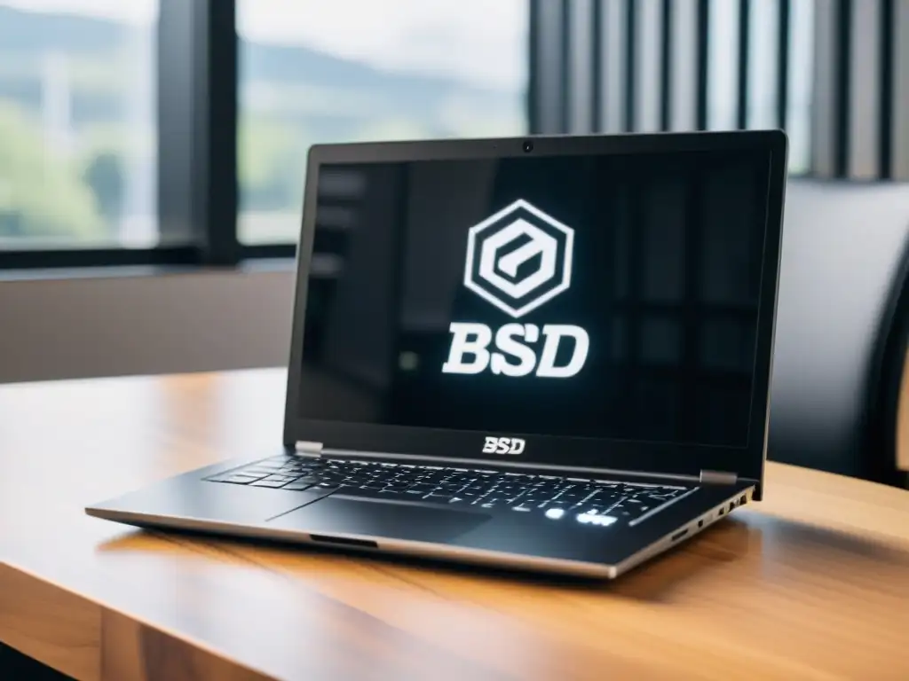 Un elegante portátil negro y plateado con el logo BSD en la pantalla, iluminación suave y fondo de código