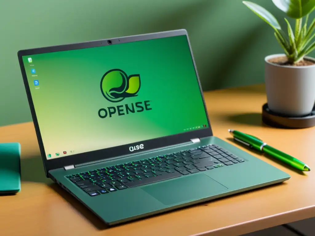 Un elegante portátil openSUSE en un entorno minimalista, reflejando la innovación del sistema operativo openSUSE