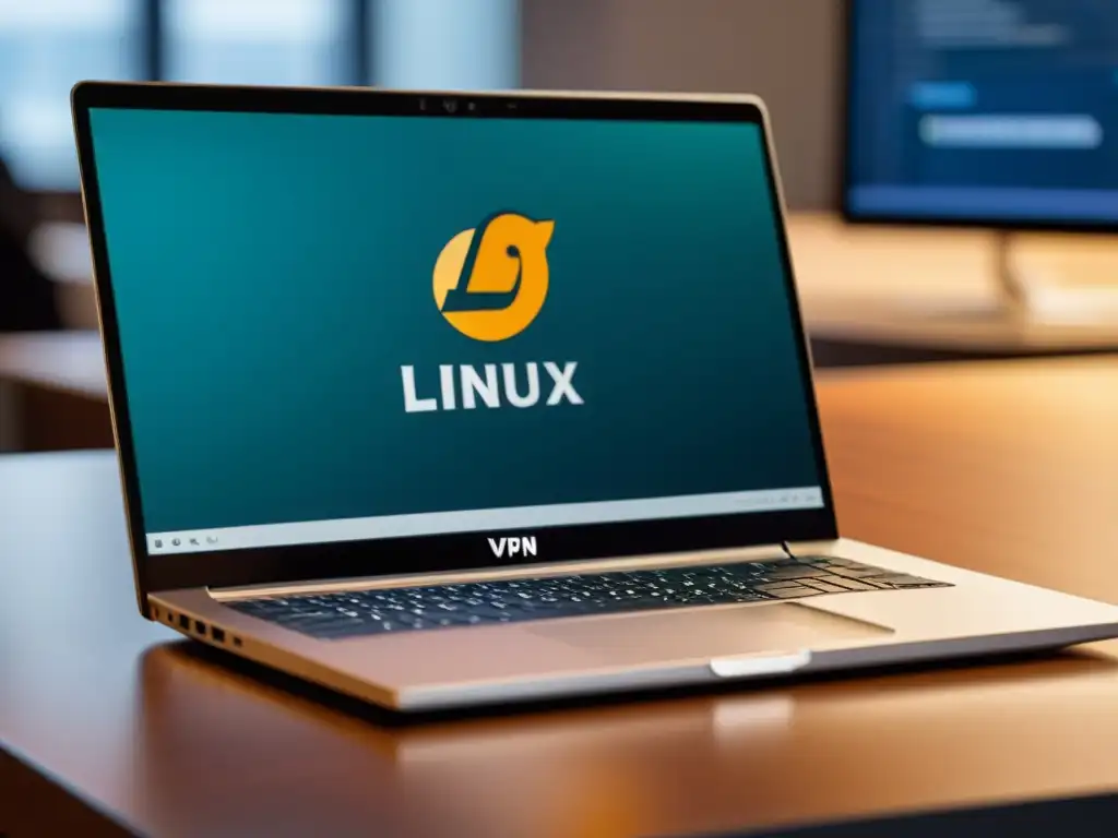 Un elegante portátil con sistema Linux y conexión VPN, en un entorno profesional