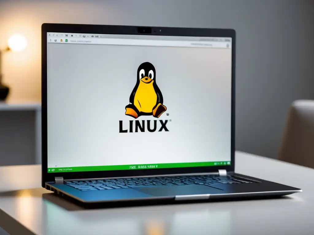 Un elegante portátil con el sistema operativo Linux en pantalla, en un entorno minimalista