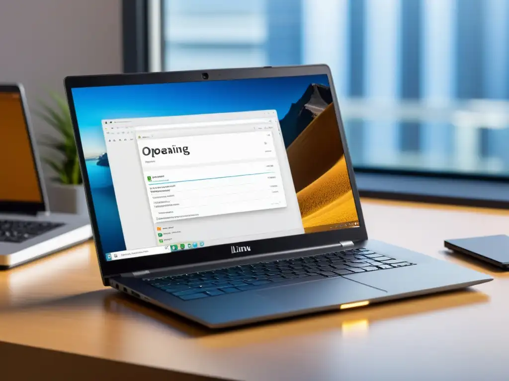 Un elegante portátil con Linux, mostrando software de contabilidad empresarial en un entorno profesional y acogedor