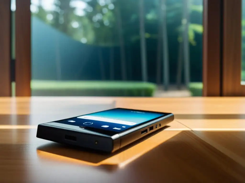 Un elegante smartphone Sailfish OS descansa en una mesa de madera, bañado por suave luz natural