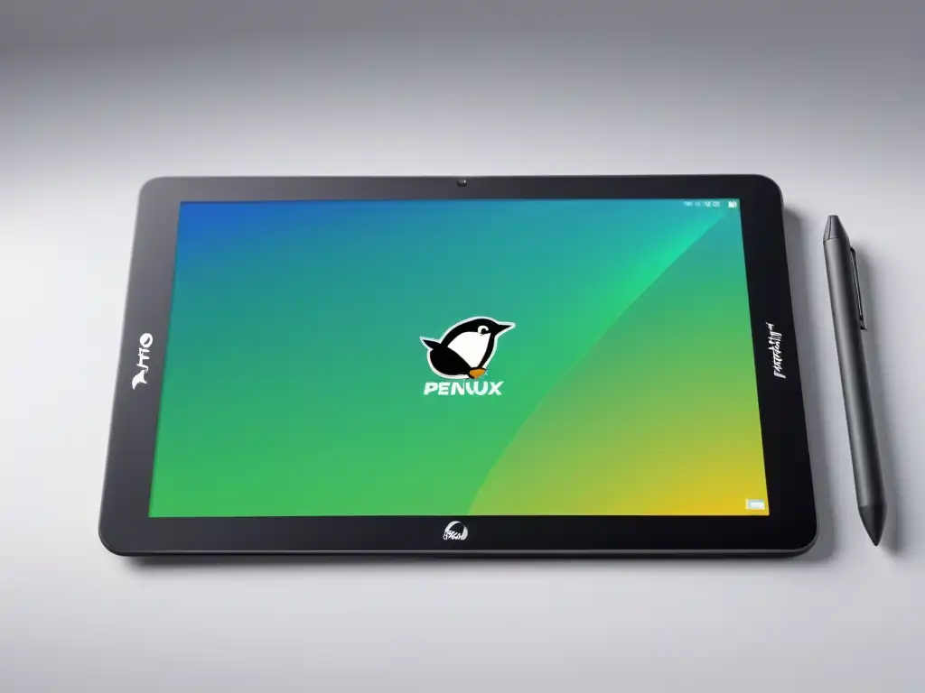 Tableta gráfica minimalista con logo de Linux en pantalla Una elegante tableta gráfica con el logo del pingüino de Linux en su pantalla, reflejando la suave luz del entorno, lista para la creatividad
