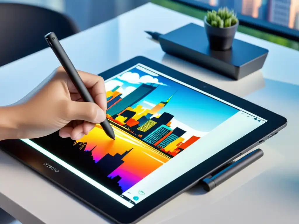 Tableta gráfica profesional: ilustración vibrante en pantalla Una elegante tableta gráfica mate negra con una pantalla de alta resolución y sensibilidad a la presión descansa sobre un escritorio blanco