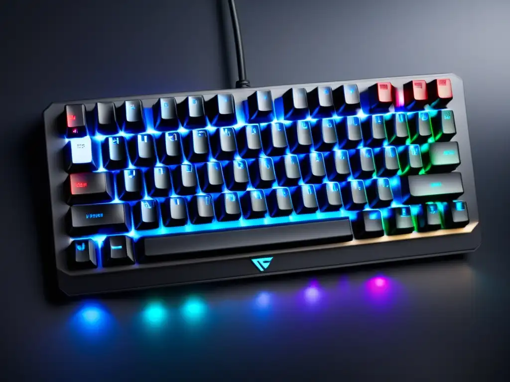 Un elegante teclado mecánico negro con retroiluminación RGB en un escritorio moderno