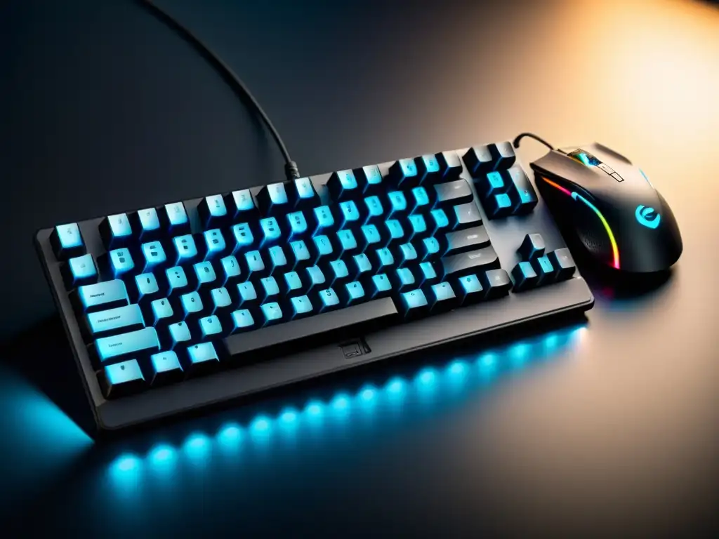 Un elegante teclado mecánico negro con retroiluminación RGB y un ratón ergonómico de alta precisión en un moderno escritorio