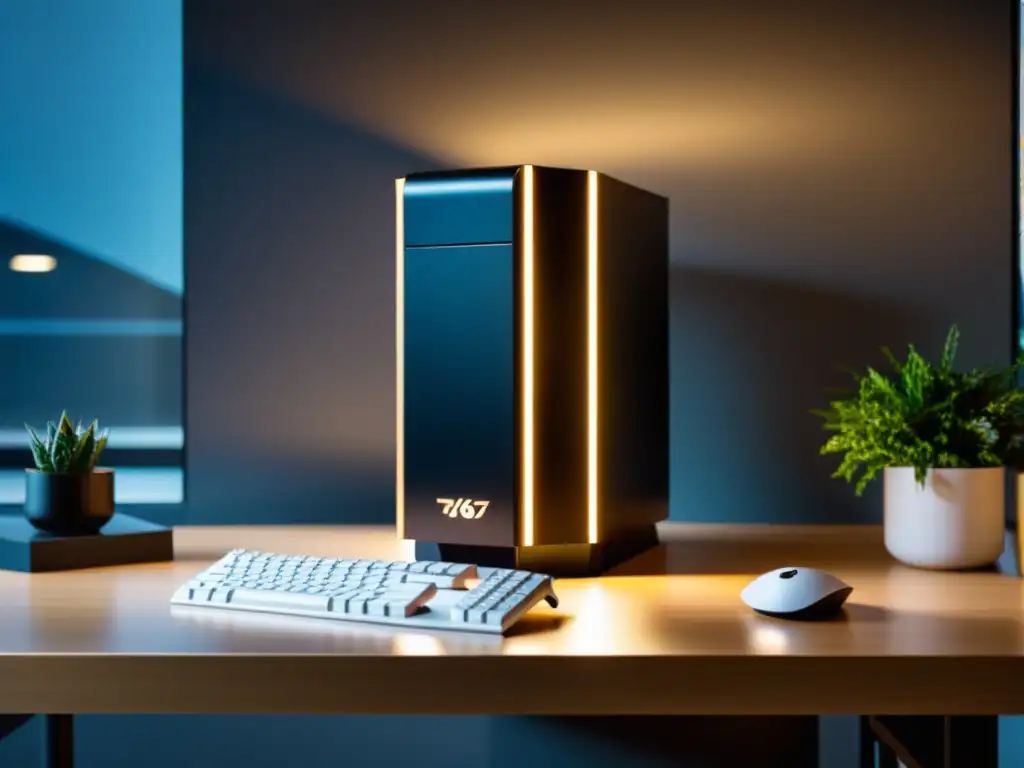 Un elegante torre de computadora Thelio de System76 en un escritorio minimalista con un ambiente profesional y enfocado