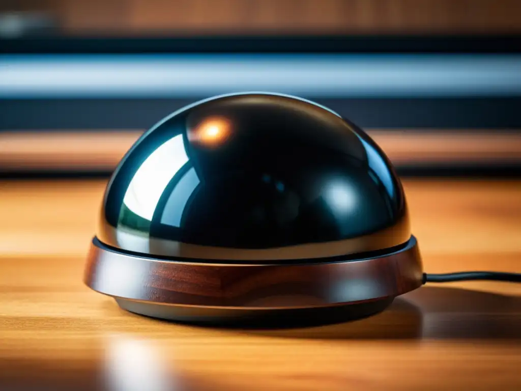 Una elegante trackball negra descansa sobre un escritorio de madera, bañada por una suave luz cálida