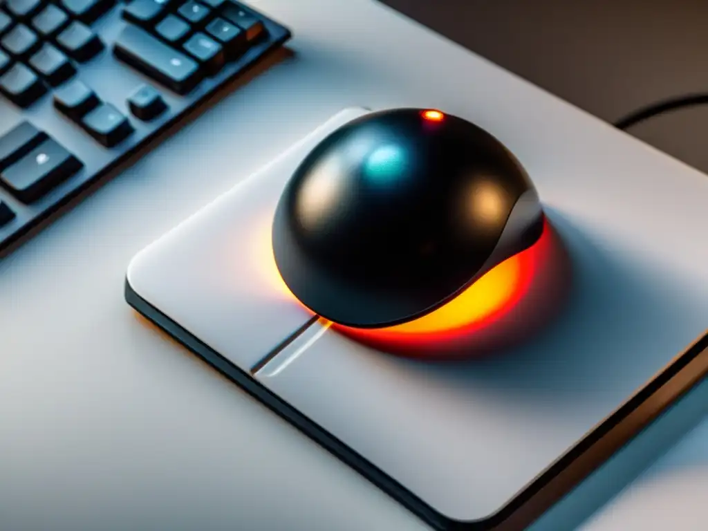 Una elegante trackball negra destaca en un escritorio blanco, rodeada de teclado, ratón y bloc de notas