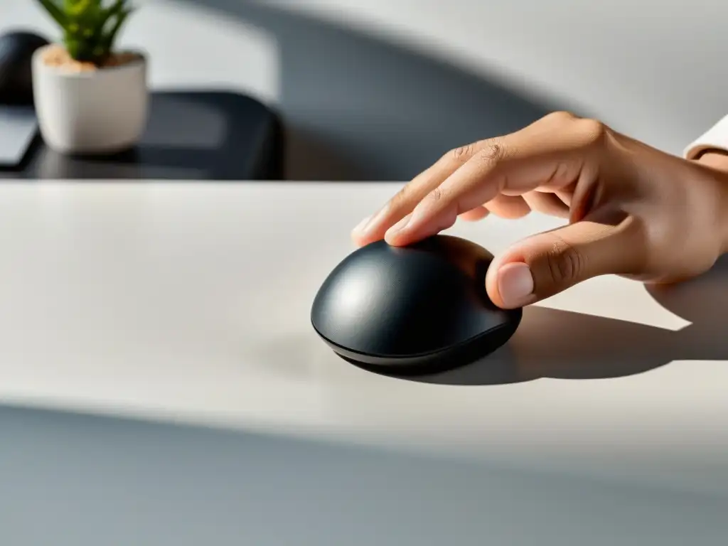 Una elegante trackball negra mate sobre una superficie blanca limpia, iluminada suavemente