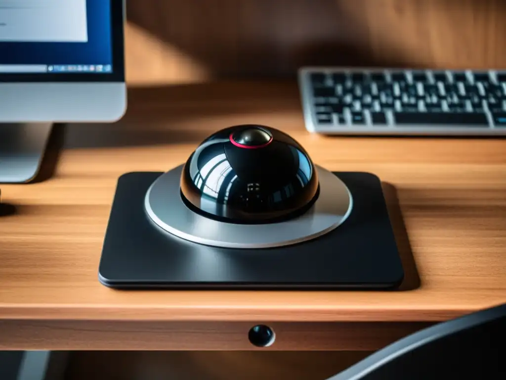 Un elegante trackball negro reposa sobre un escritorio de madera al lado de un moderno monitor de computadora