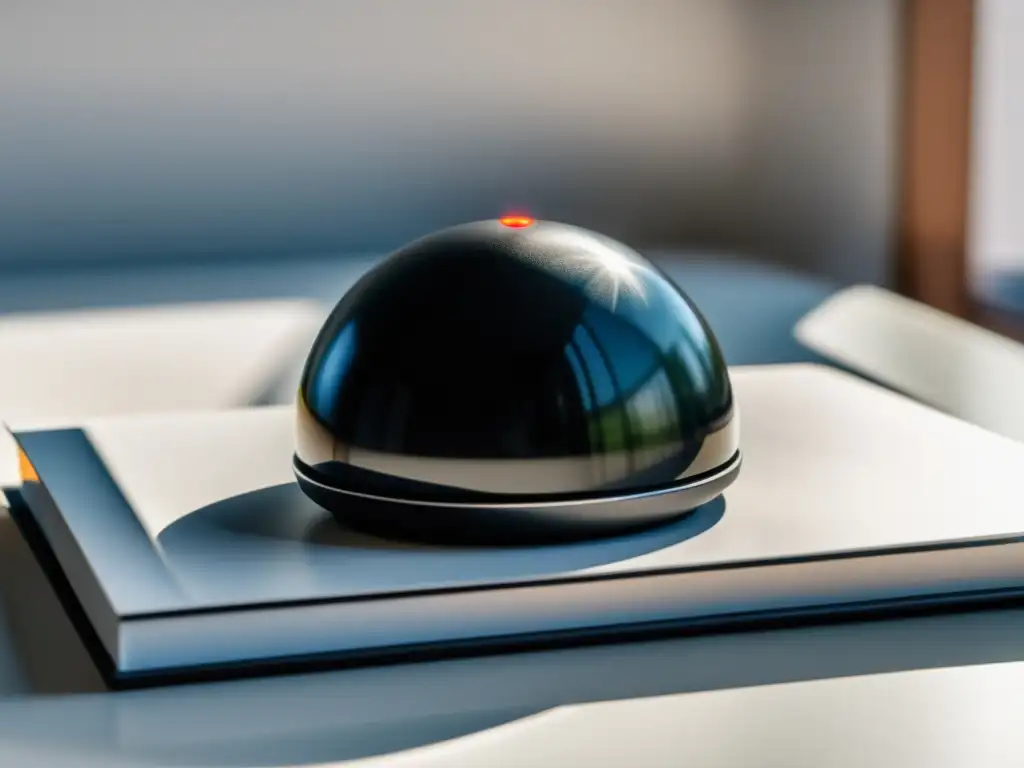 Un elegante trackball negro en un escritorio blanco, iluminado por luz natural