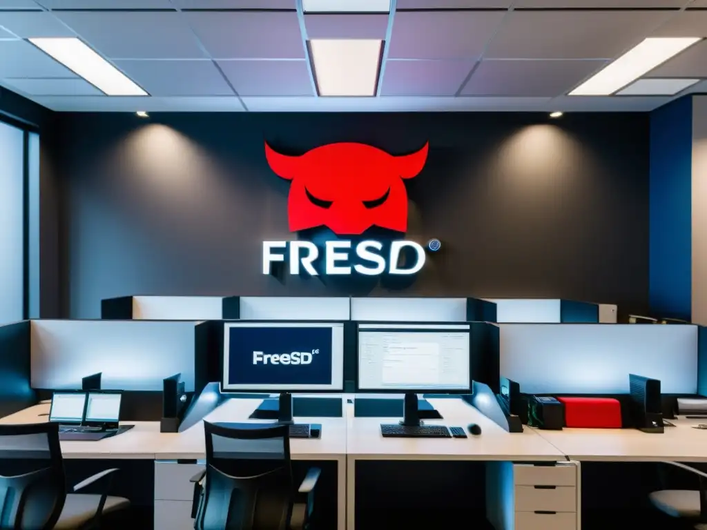 Empleados colaborando en un moderno espacio de oficina con tecnología FreeBSD