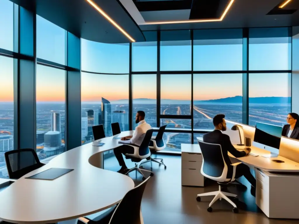 Oficina moderna con profesionales motivados usando tecnología Linux Migración empresarial a Linux: Oficina moderna con vista urbana, profesionales colaborando con equipos y mobiliario elegante