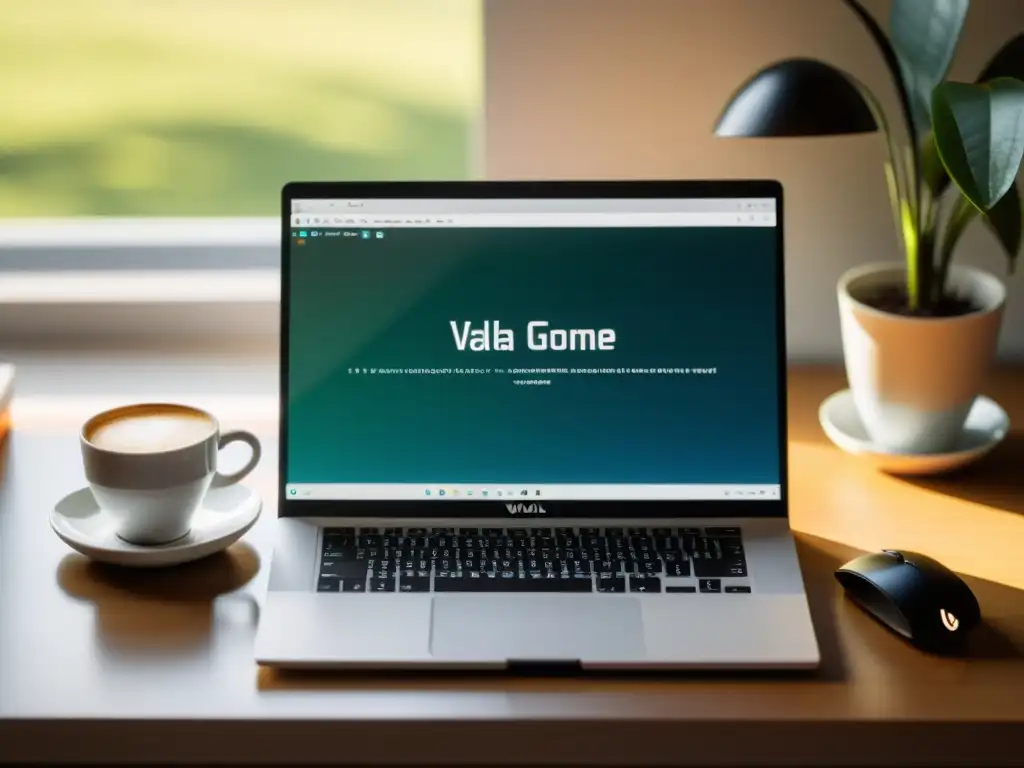 Entorno de escritorio GNOME minimalista con código en Vala, café y notebook, crea atmósfera enfocada para Desarrollo de aplicaciones GNOME en Vala