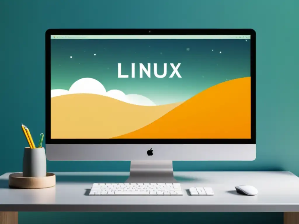 Un entorno de escritorio Linux con diseño minimalista y herramientas de programación de código abierto, en tonos fríos y toques de verde y azul