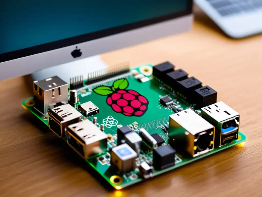 Un entorno minimalista con una placa de Raspberry Pi conectada a un monitor, iluminado suavemente