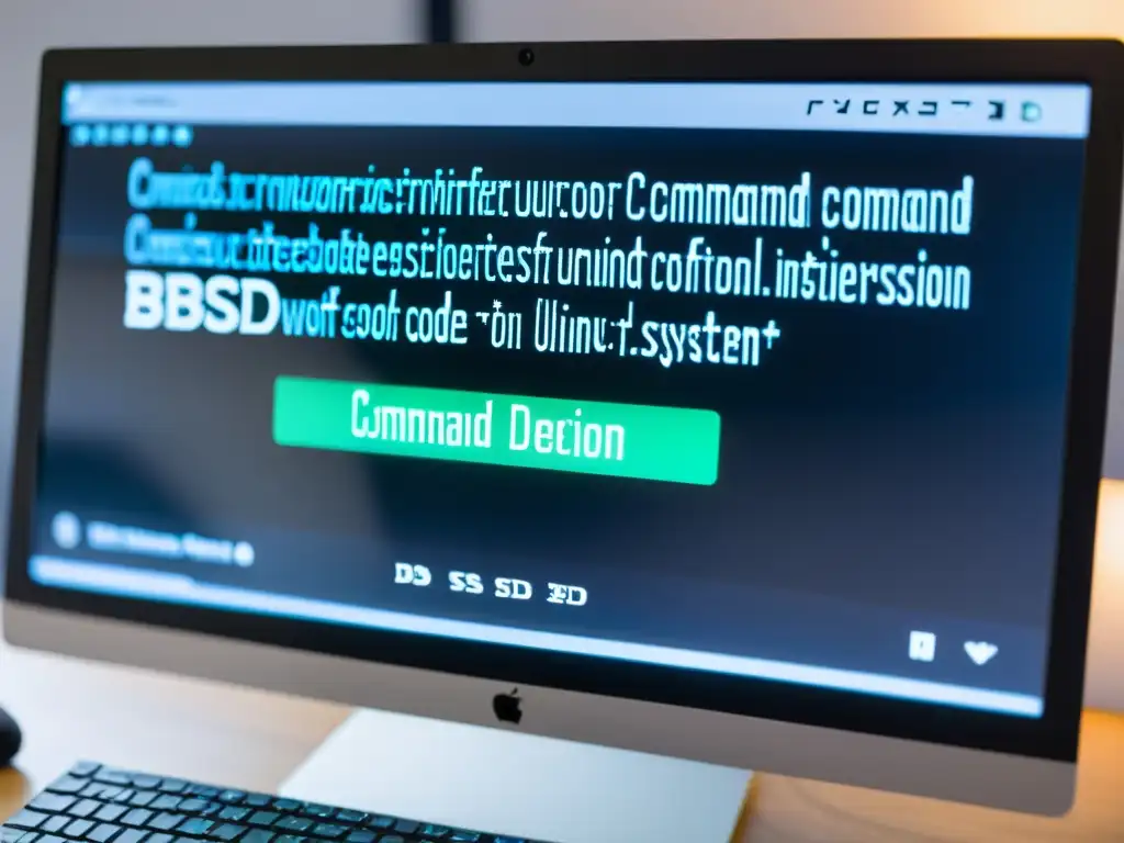 Un entorno minimalista y profesional con código de auditoría de sistemas en BSD en una pantalla de computadora, iluminado suavemente