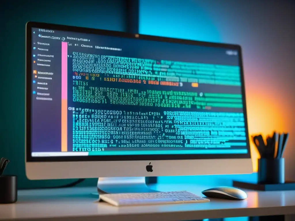 Un entorno moderno de desarrollo de software con pantalla de código abierto y herramientas especializadas, iluminado con precisión