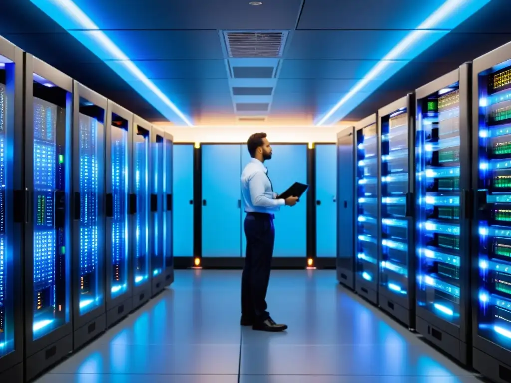 Un entorno moderno de servidores con tecnología de vanguardia, iluminado en azul, donde se automatizan entornos de pruebas con Docker