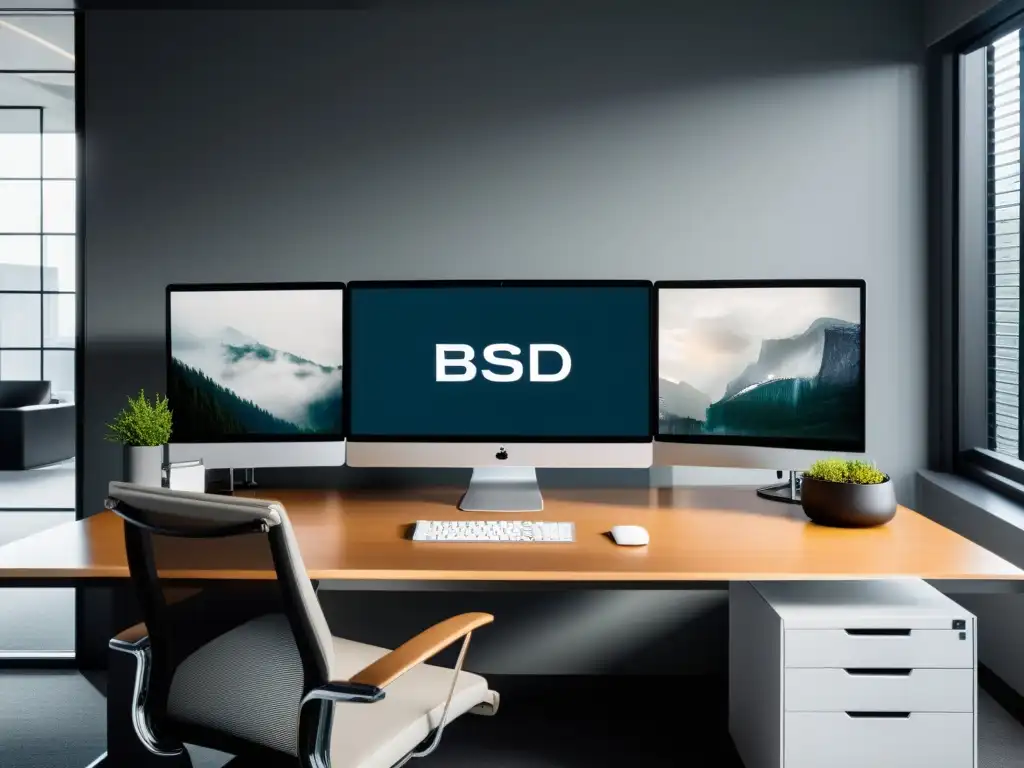 Un entorno de oficina moderno y elegante con una configuración de escritorio minimalista que muestra las ventajas de utilizar BSD en negocios