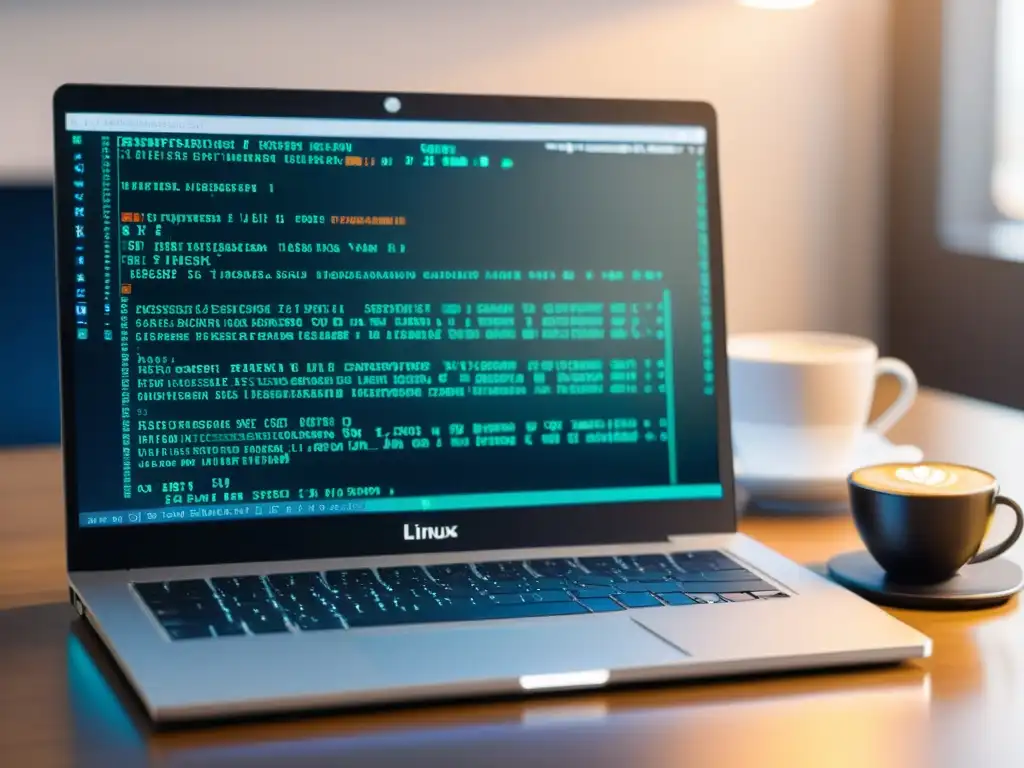 Un entorno profesional y enfocado con pantalla de Linux mostrando código encriptado, simbolizado por un icono de candado