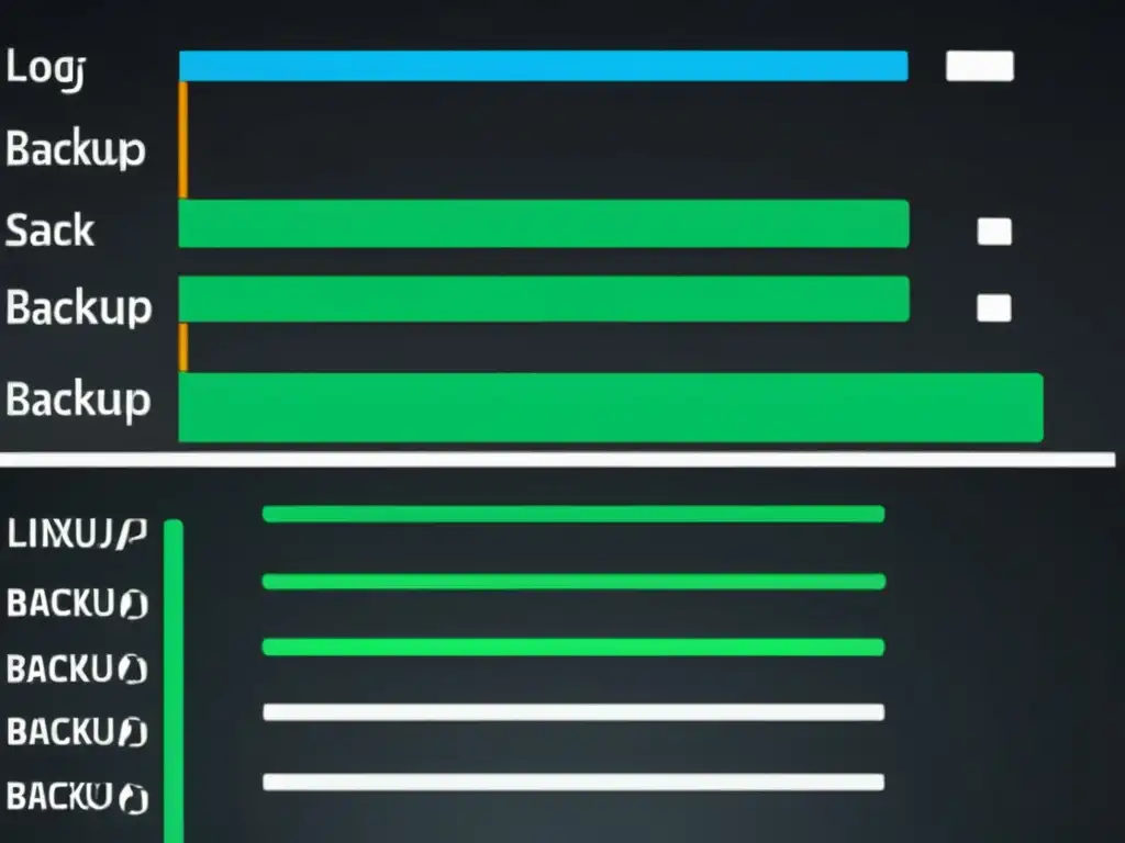 En un entorno profesional de Linux, se ejecutan scripts automatizados de respaldo con detallados registros, destacando la seguridad de los datos