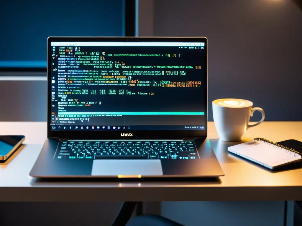 Entorno de programación Unixlike con las mejores prácticas: laptop, terminal, teclado mecánico, cuaderno y café en un espacio organizado y sereno