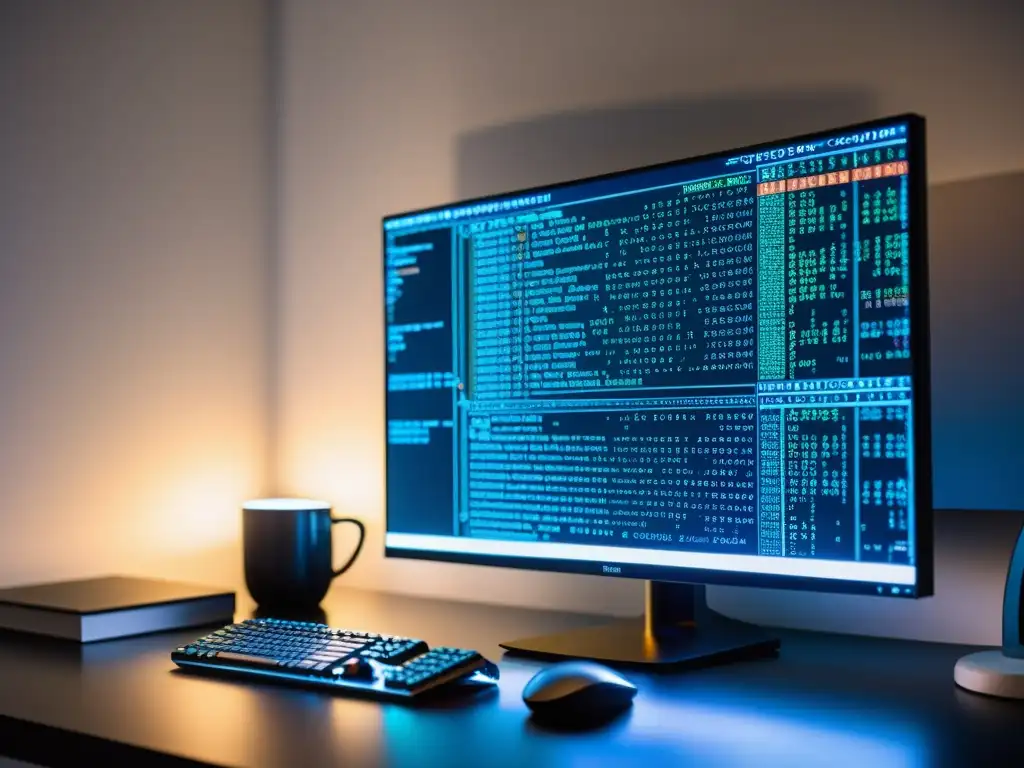 Un entorno de trabajo moderno con un monitor mostrando código complejo, reflejando la experiencia tecnológica de Calculate Linux
