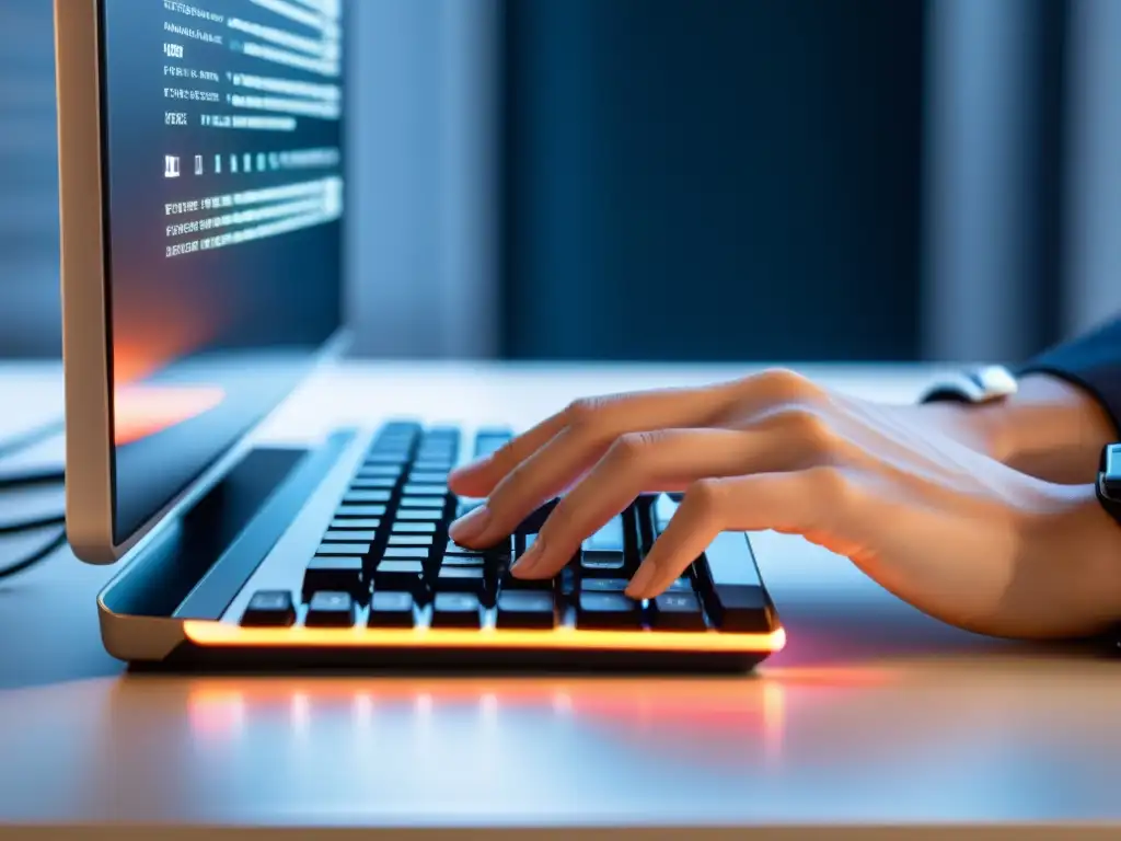 Manos tecleando código en terminal Un entorno de trabajo profesional y enfocado con manos tecleando en un teclado, mostrando líneas de código en una ventana de terminal