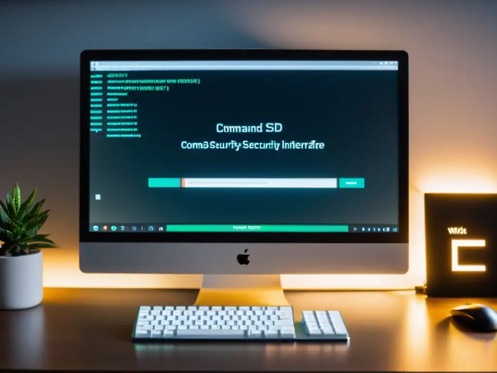 Entorno de trabajo seguro en BSD: Fotografía detallada de pantalla de computadora con comandos de seguridad, en un entorno minimalista y profesional